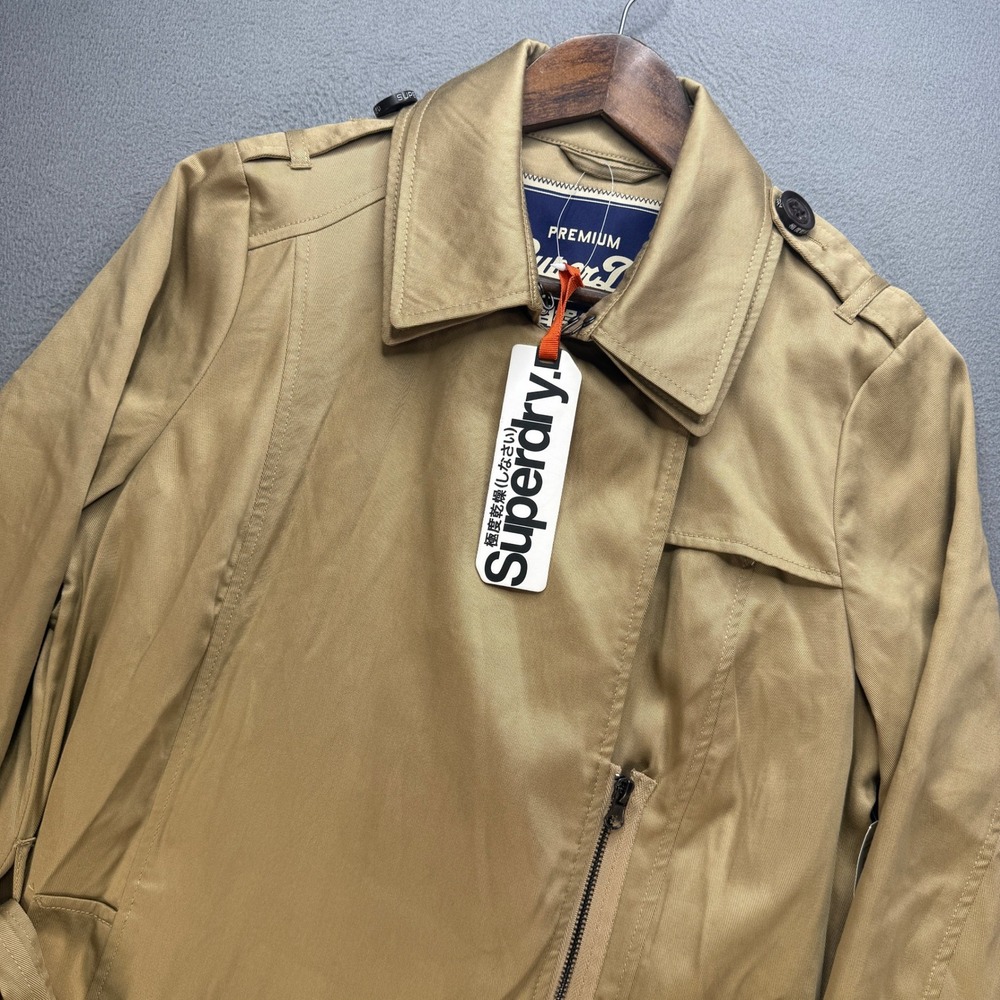 Superdry Premium Draped Trench Coat Womens L Stone Belted Zip Moto NWT
